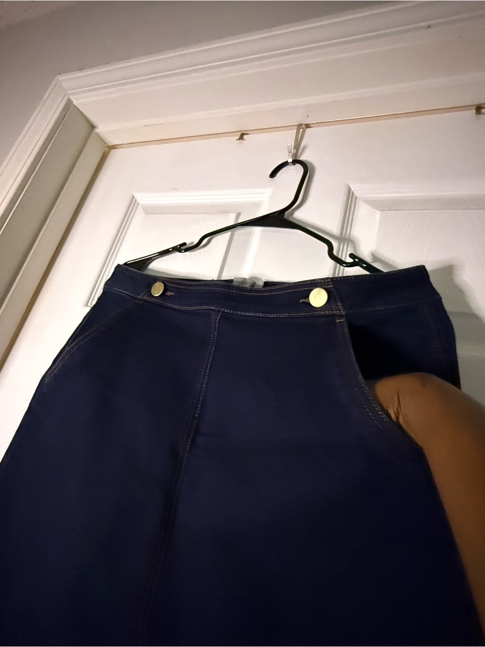 Classic Navy A-Line Skirt with Front Seam and Button Detail